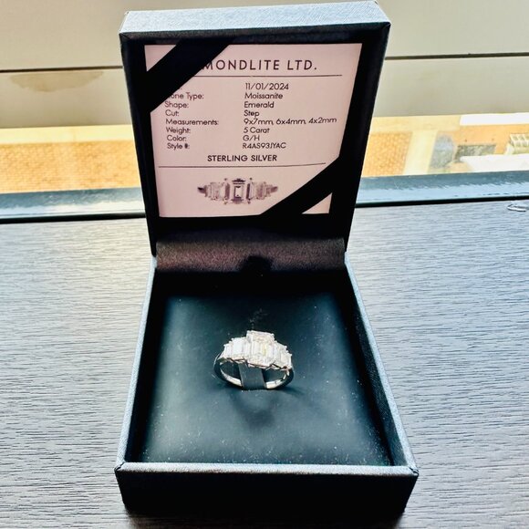 NEW DIAMONDLITE LTD. 5 CARAT MOISSANITE EMERALD SHAPE STERLING SILVER RING - Picture 3 of 7